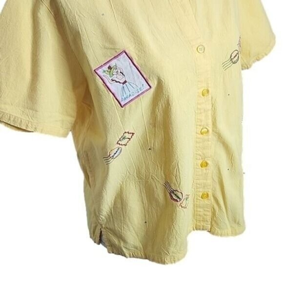 Bobbie Brooks Top Vacation Embroidery Yellow Cotton Short Sleeve Women's Large - Picture 2 of 6